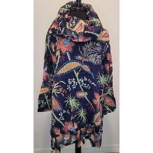 Gretchen Scott Navy Blue Cotton Tunic Beach Cover-Up Large Tropical Floral EUC